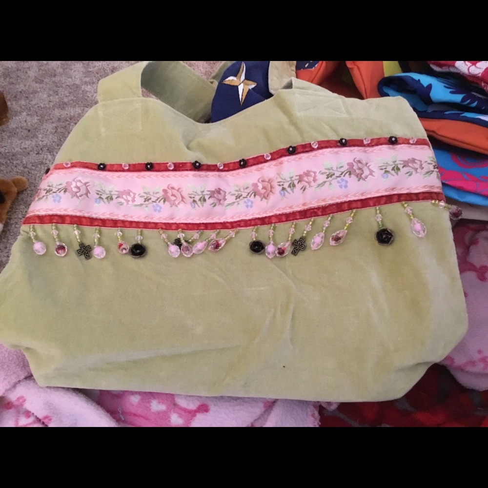 NWOT-Fabric book tote with beading / inside pocket